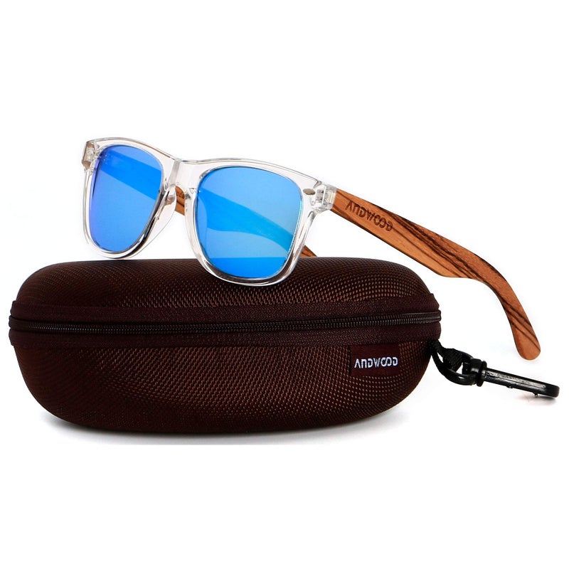 ANDWOOD Wood Sunglasses Polarized for Men Women Uv Protection Wooden Bamboo Frame Mirrored Sun Glasses Clear Blue Shades - Image 2